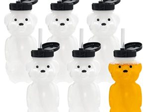 6 عبوات من أكواب قش العسل على شكل دب ، زجاجة دب قابلة للعصر للأطفال ، حاوية شراب عصير بلاستيكية مع 6 مصاصات سيليكون ناعمة لمستلزمات الشرب اليومية والعلاج ومساعدة ذوي الاحتياجات الخاصة