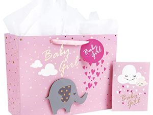 MAYPLUSS 16 "حقيبة هدايا كبيرة جدًا مع بطاقة هدايا وورق مناديل - تصميم ثلاثي الأبعاد للبيبي جيرل