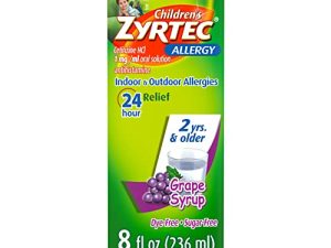 شراب Zyrtec للحساسية للأطفال على مدار 24 ساعة مع Cetirizine HCl ، دواء مضاد للحساسية لتسكين الحساسية داخل المنزل وخارجه للأطفال ، خالٍ من الصبغة والسكر ، نكهة العنب ، 8 أونصة سائلة. أوقية