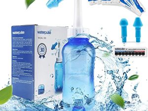وعاء نيتي لغسل الجيوب الأنفية لغسل الجيوب زجاجة شطف الأنف منظف للحساسية والري بالضغط وعاء Neti مع مقياس حرارة لاصق للكبار والأطفال خالٍ من مادة BPA (300 مل مع 30 عبوة ملح لغسل الأنف)